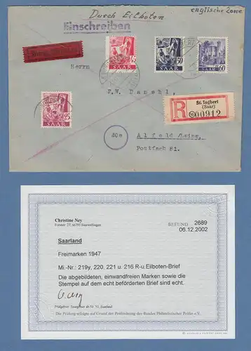 Saarland 1. Ausgabe Mi.-Nr. 219y, 220, 221 und 216 auf R-Brief aus St.Ingbert