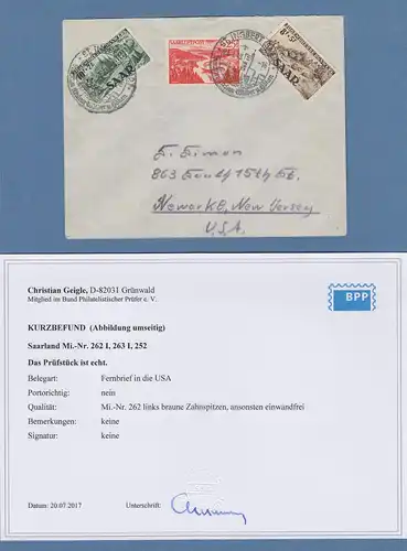 Saarland 1949 Jugendherbergen Mi.-Nr. 262-63 und 252 auf Brief in die USA