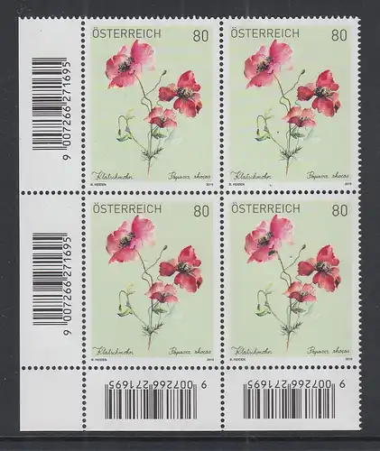 Österreich 2019 Treuebonus-Marke Klatschmohn Eckrand-Viererblock unten links **