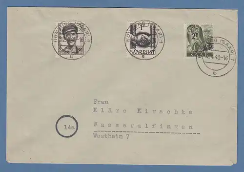 Saarland Freimarken Mi.-Nr. 229 I, 241 und 243 auf Brief, O HOMBURG