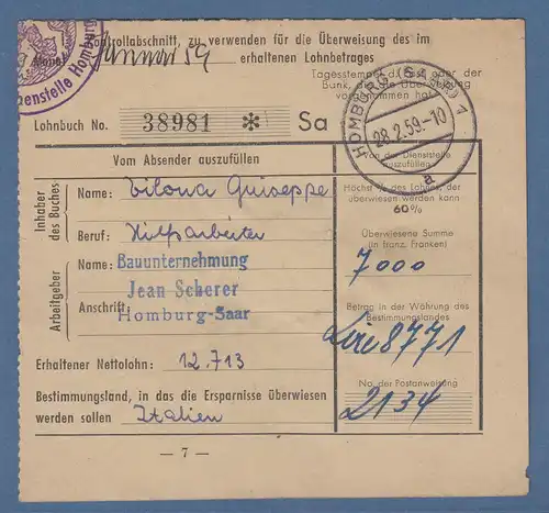 Saarland 1959 EF Mi.-Nr. 413 auf Devisenausfuhrkontrollabschnitt, O HOMBURG