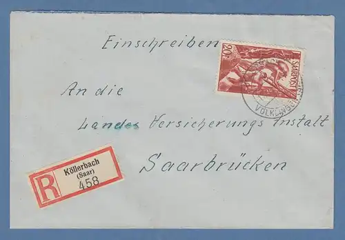 Saarland 1948 Bauarbeiter 20Fr. Mi.-Nr. 250 auf R-Brief , O KÖLLERBACH 17.9.48