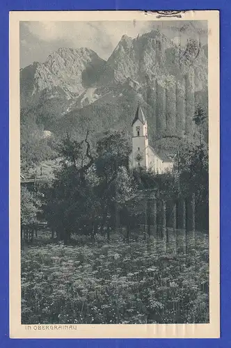 AK Bayern Obergrainau Kirche und Waxenstein, gelaufen 1925 nach Nürnberg