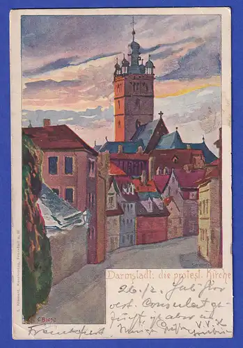 AK Darmstadt die protest. Kirche gelaufen 1900