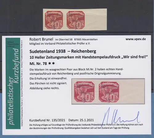 Dt. Besetzung 2.WK Sudetenland Reichenberg Mi.-Nr. 78 Paar ** Befund Brunel VPP