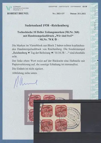 Sudetenland Reichenberg Mi.-Nr 78 K im 4er-Block  O mit Attest Brunel VPP