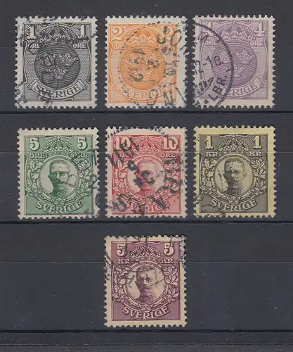 Schweden 1910 Freimarken mit Wz. Krone Mi.-Nr. 57-63 gestempelt
