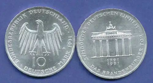 Bundesrepublik 10DM Silber-Gedenkmünze 1991, 200 Jahre Brandenburger Tor