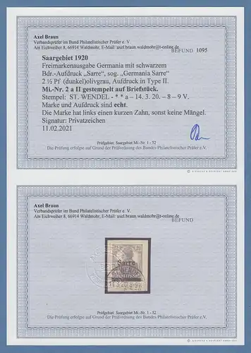Saargebiet Germania 2 1/2 Pfg Aufdrucktype II  Mi.-Nr. 2a II , Befund Braun BPP