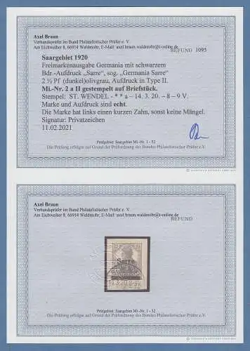 Saargebiet Germania 2 1/2 Pfg Aufdrucktype II  Mi.-Nr. 2a II , Befund Braun BPP