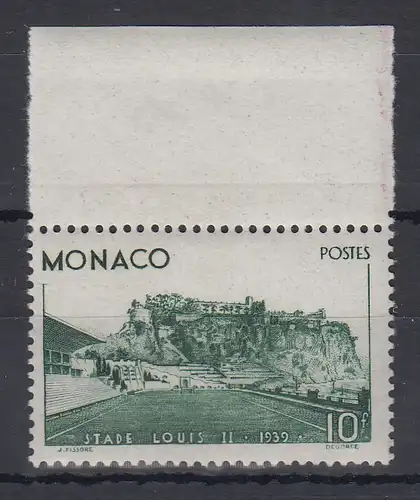 Monaco 1939 10Fr. Einweihung Stadion Mi.-Nr. 189 postfrisch ** mit Oberrand