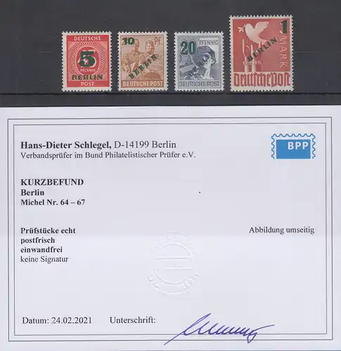 Berlin Grünaufdruck-Werte Mi-Nr. 64-67 ** geprüft mit Fotobefund Schlegel
