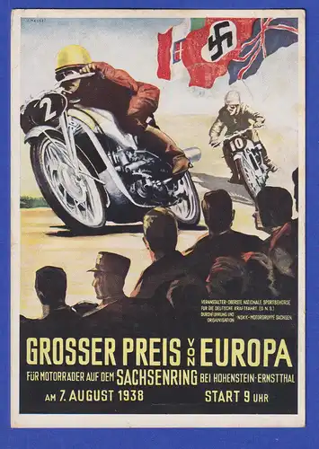 Dt. Reich Sonderpostkarte Motorrad Grosser Preis von Europa Sachsenring 1938