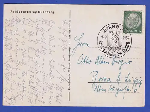 Dt. Reich Sonderpostkarte Reichsparteitag 1937 Nürnberg, beschriftet, gelaufen