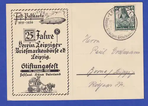 Dt. Reich 1936 Festpostkarte 25 Jahre Briefmarkenbörse Leipzig mit So-O , gel.