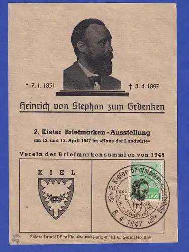 All. Besetzung Mi.-Nr. 958 mit So.-O Kiel auf Gedenkblatt Heinrich v. Stephan