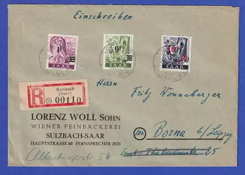 Saarland Mi.-Nr. 228, 234, 235 II auf R-Brief von Sulzbach nach Borna, 1948