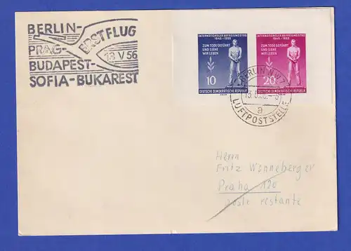 DDR 13.5.1956 Mi.-Nr. 459-60B auf Karte Erstflug Berlin-Prag