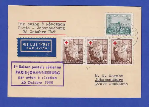 DDR Karte befördert mit Erstflug Paris-Johannesburg im Jet 26.10.53