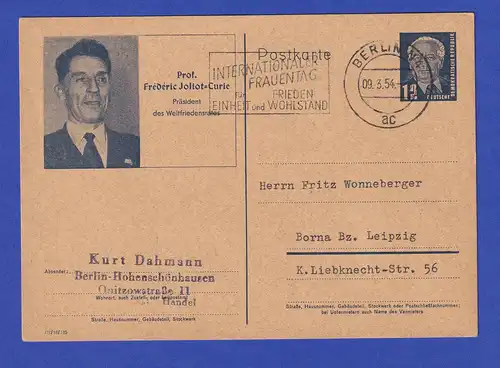 DDR Pieck Sonderpostkarte P52/02 Joliot-Curie gel. von Berlin nach Borna 9.3.54 