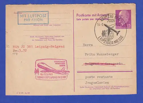 DDR Ulbricht Fragekarte 15Pfg P74 F gel. mit Flugpost gel. nach Jugoslawien