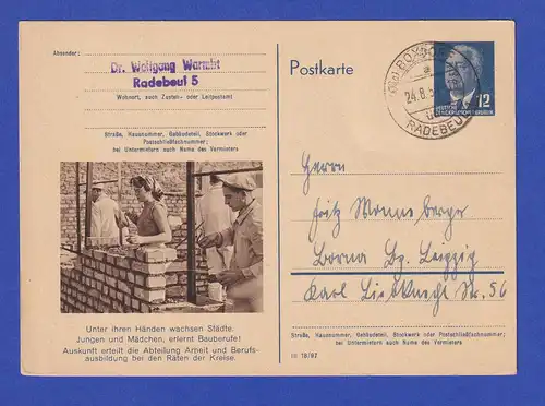 DDR 1954 Sonderpostkarte P56/02 Bauberufe 1954 gel. gest. BOXDORF