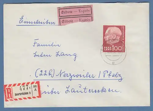 Saarland Heuss 100Pfg Mi.-Nr. 398 portogerechte EF auf R-Expr.-Brief 16.12.57