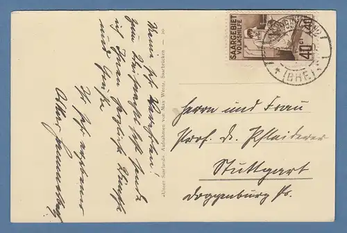Saar Volkshilfe 1926 Mi.-Nr. 105 portogerechte EF auf Postkarte nach Stuttgart 