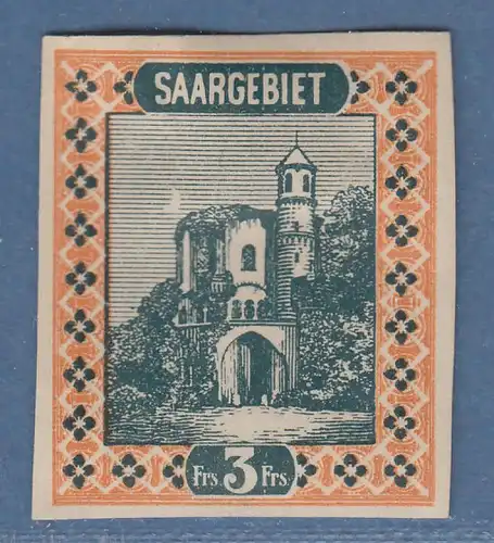 Saar 1922 Freimarke 3 Fr. UNGEZÄHNT Mi.-Nr. 96 U * 