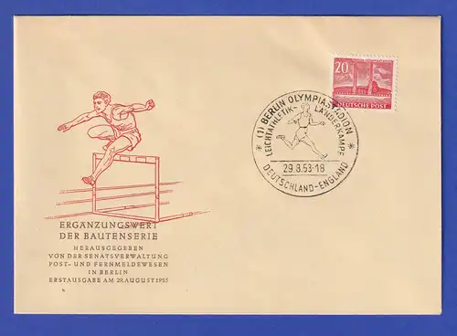 Berlin Freimarke Olympiastadion Mi.-Nr. 113 auf offiz. FDC mit Sonder-O 29.8.53