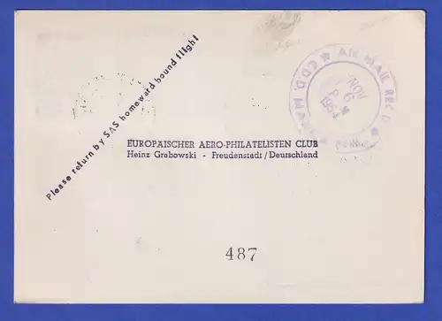 Karte SAS-Direktflug Frankfurt-Manila 3.11.54 mit Berlin Mi.-Nr. 80, und 2x 108