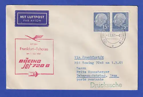 Lufthansa-Erstflugbeleg LH 604 Frankfurt-Teheran 1.7.61 mit Paar Heuss 15Pfg