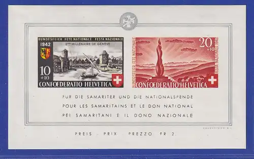 Schweiz 1942 Pro Patria 2000 Jahre Genf Mi.-Nr. Block 7 postfrisch **