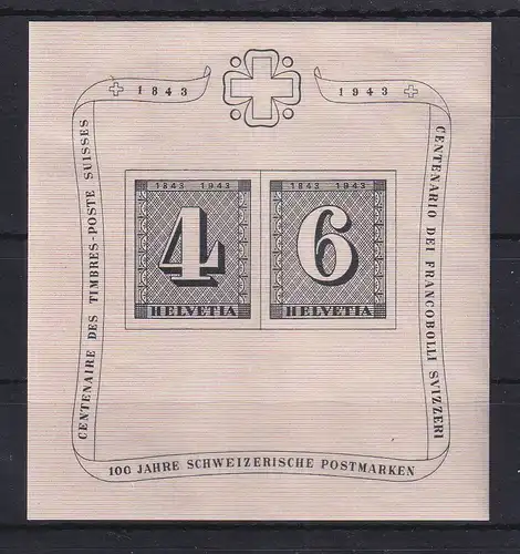 Schweiz 1943 100 Jahre Schweizer Briefmarken Mi.-Nr. Block 8 postfrisch **