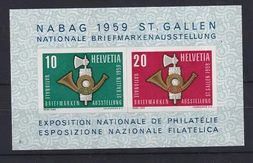 Schweiz 1959 Briefmarkenausstellung St. Gallen Mi.-Nr. Block 16 postfrisch **