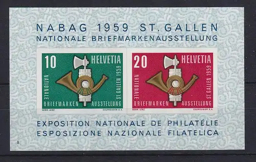 Schweiz 1959 Briefmarkenausstellung in St. Gallen Mi.-Nr. Block 16 postfrisch **