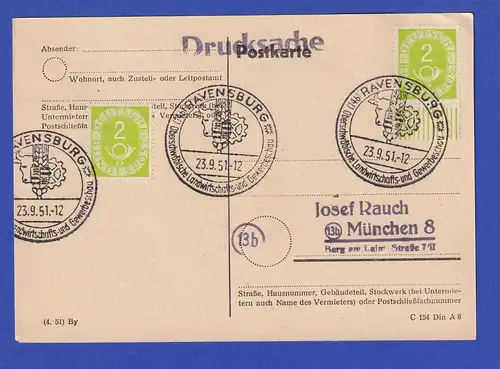 Bund Mi-Nr. 123 2x auf Karte mit So.-O RAVENSBURG Landwirtschafts- u. Gew.-Schau