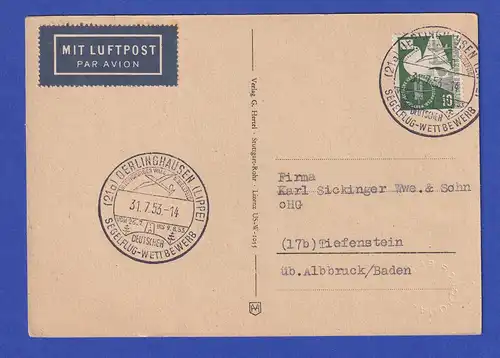 Bund Mi-Nr. 168 auf Karte mit So.-O OBERLINGHAUSEN Segelflug-Wettbewerb 31.7.53