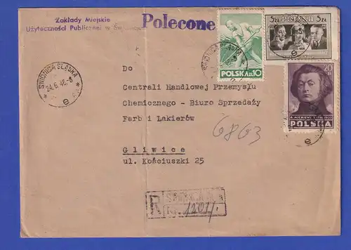 Polen R-Brief ab SWIDNICA SLASKA 24.6.48 gelaufen nach Gliwice