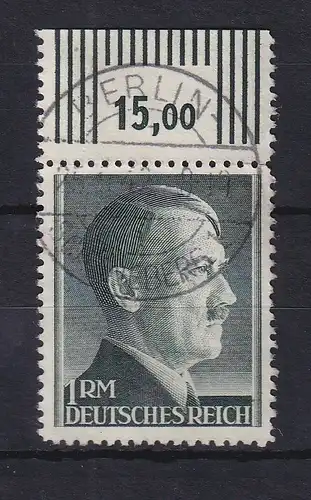 Deutsches Reich 1942, Hitler 1 M grobe Zähnung Oberrandstück gest. gepr. BPP