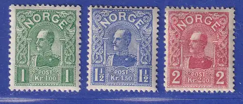 Norwegen 1909 Freimarken König Haakon VII. lin. Grund gr. Format Mi.-Nr. 72-74 *