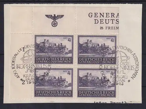 Generalgouvernement 1943 Mi.-Nr. 114 Eckrand-4erblock auf Briefstk. gestempelt
