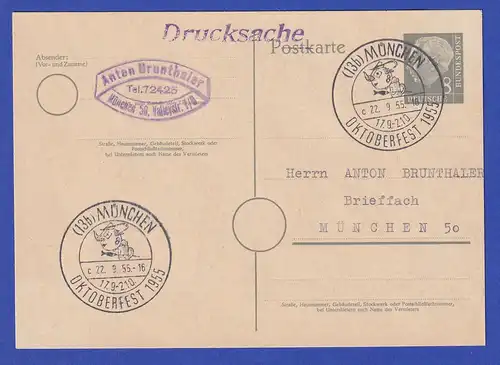 Oktoberfest 1955 Sonder-O MÜNCHEN 22.9.55 auf Heuss-Ganzsache 8Pfg