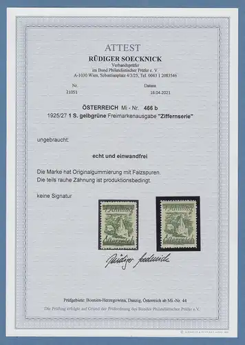 Österreich 1925-27 Freimarke 1 S gelbgrün, sauber ungebr.  Attest Soecknick BPP
