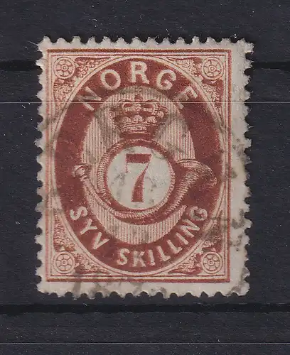 Norwegen 1873 Freimarke Posthorn 7 Sk dunkelbraun Mi.-Nr. 21 gestempelt