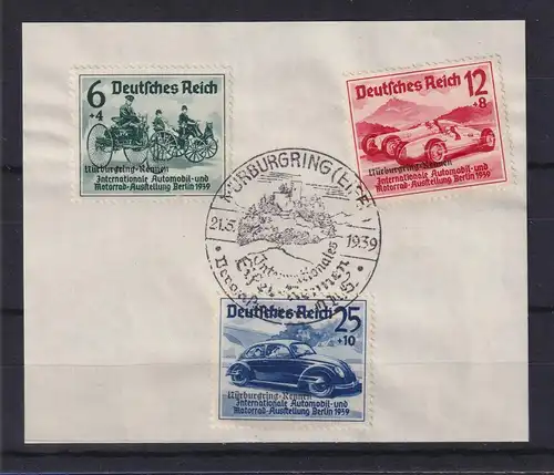 Deutsches Reich 1939 Autos Nürburgring Mi.-Nr. 695-97 mit So.-O auf Briefstück