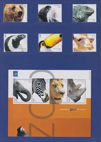 Portugal 2001 Zootiere aus Lissabon Mi.-Nr. Block 172 und Satz 2520-2525 **