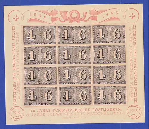 Schweiz 1943 Hundert Jahre Schweizerische Briefmarken Mi.-Nr. Block 9 **