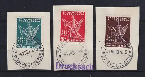 Jugoslawien 1934 Turnvereinigung Sokol Mi.-Nr. 275-277 gestemp. auf Briefstücken