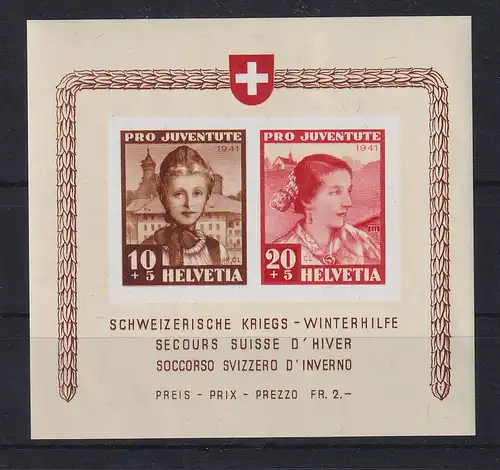 Schweiz 1941 Schweizer Kriegs-Winterhilfe Mädchen Mi.-Nr. Block 6 postfrisch **